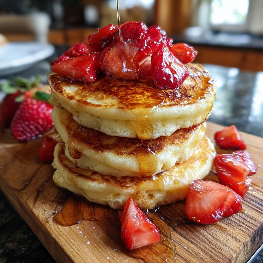 Fluffy Strawberry Pancakes with Syrup